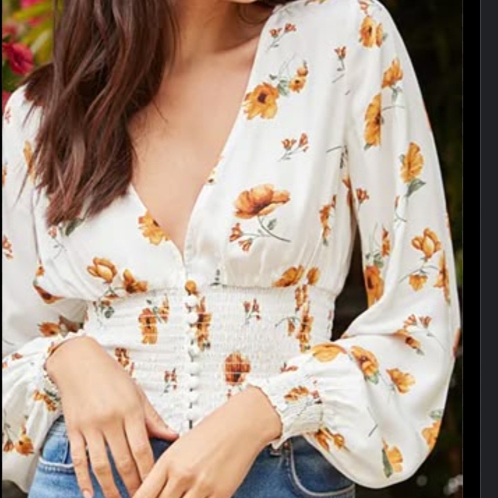Forever 21 White and Orange Floral Blouse